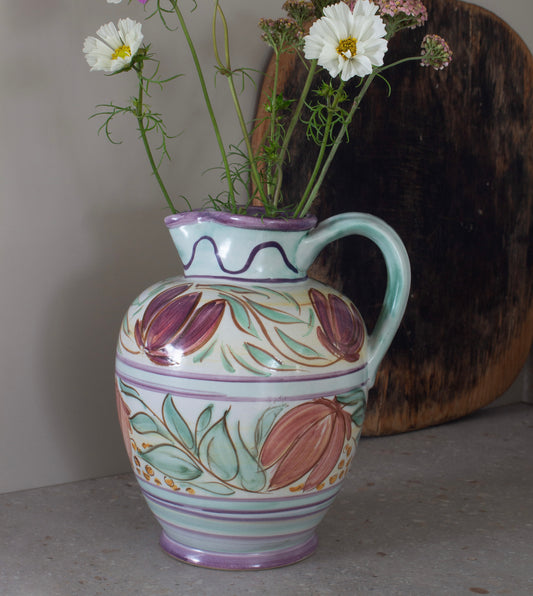 Large Antique English Stoneware Hand-Painted Floral Jug