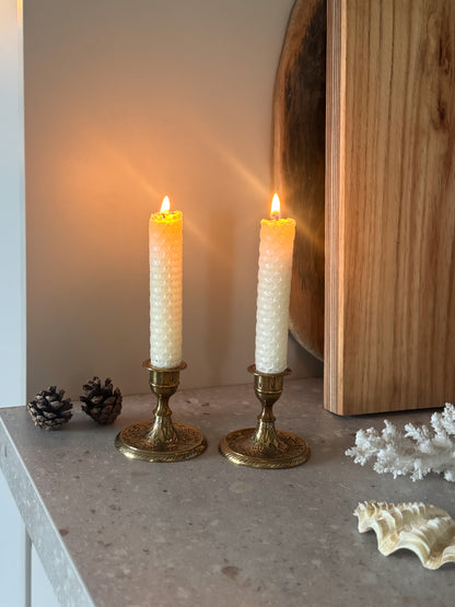Pair of Vintage Solid Brass Candle Holders with Etched Leaf Design