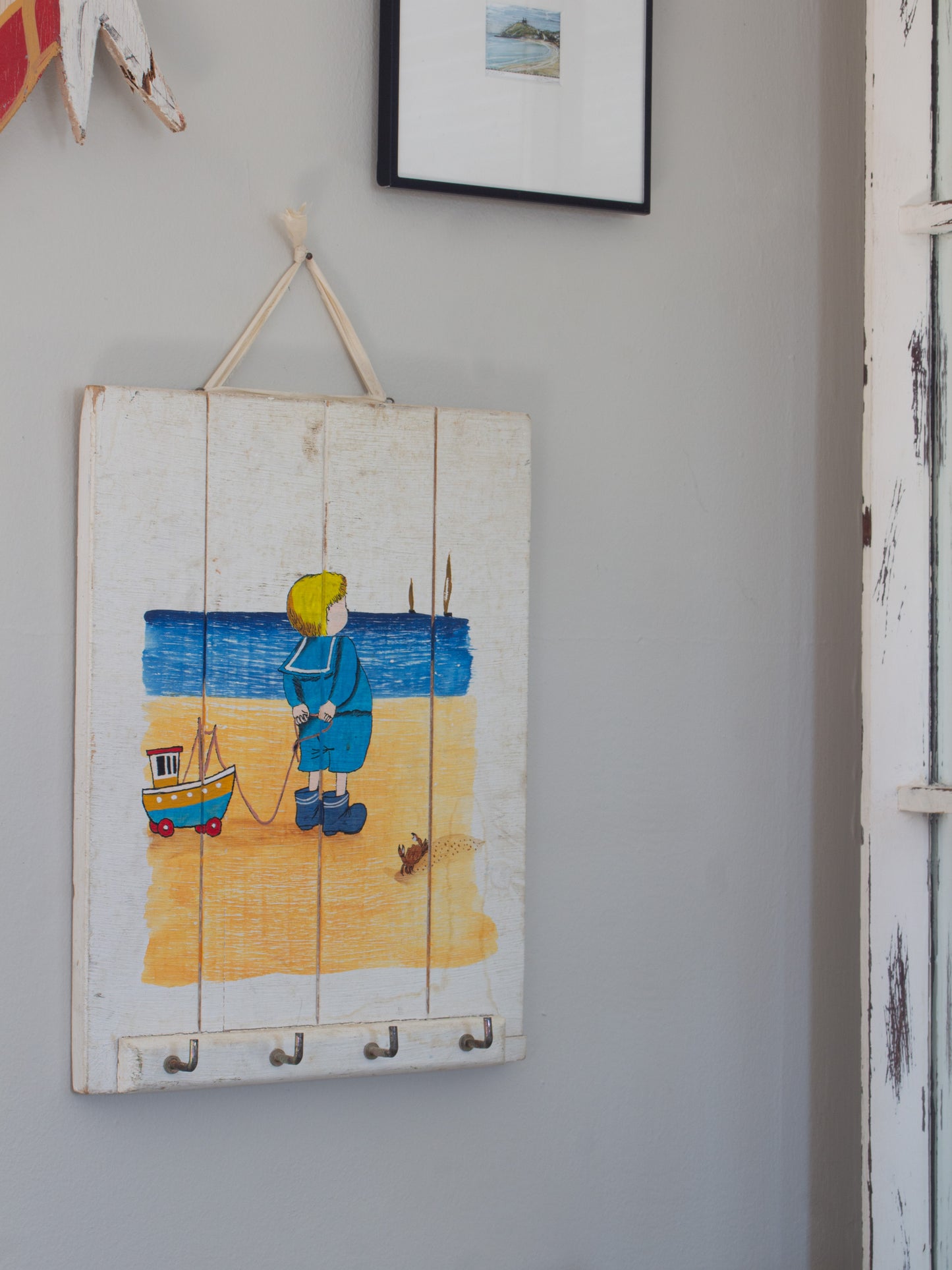 Vintage Folk Art Hand-Painted Seaside Wall Hooks