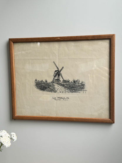 Vintage French Windmill, Mont Noir Framed Pencil Sketch