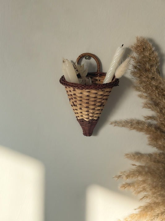 Vintage Small Wicker Wall Pocket • Basket