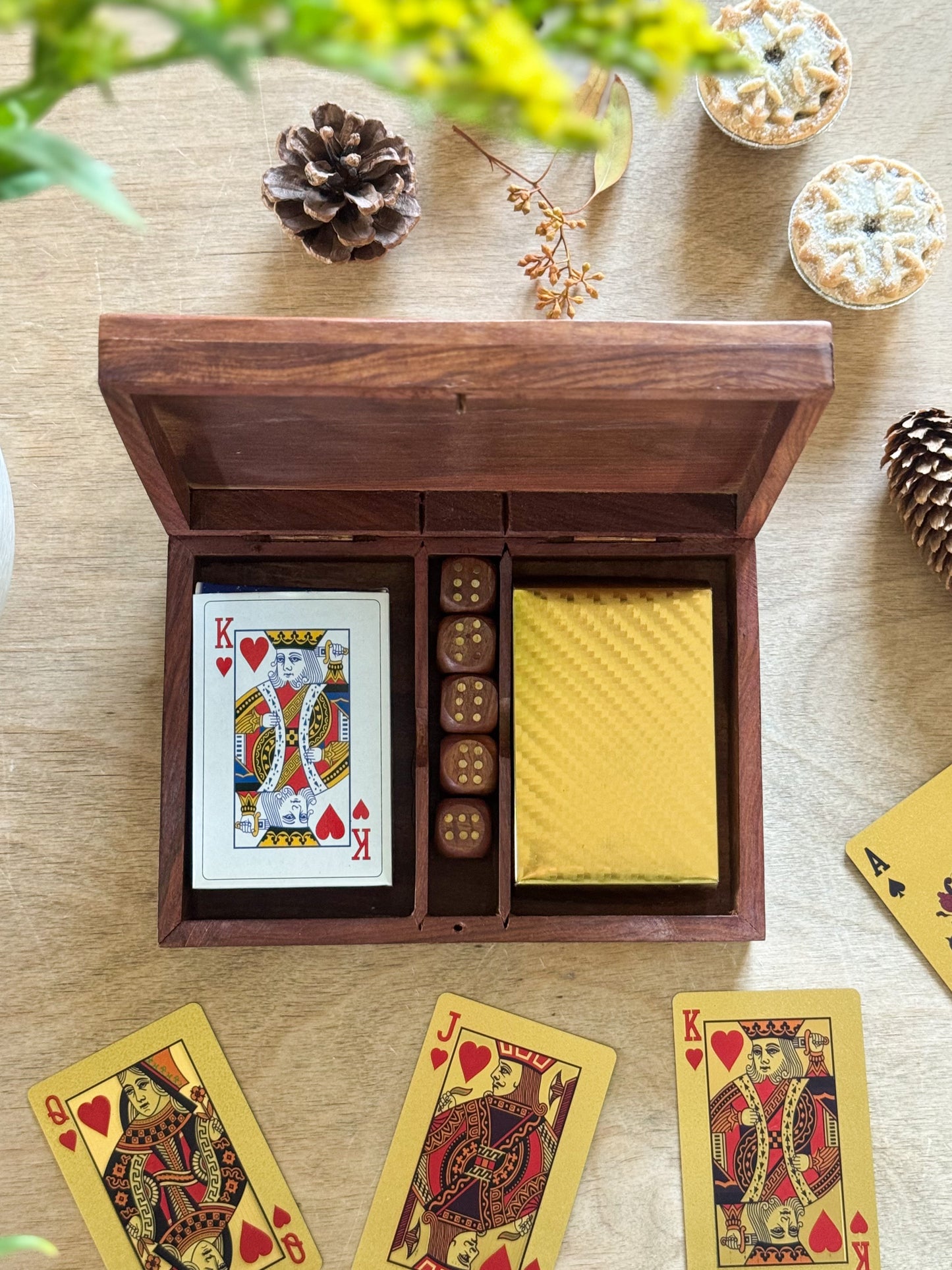 Vintage Wood & Brass Inlay Playing Cards Box with Dice and Cards