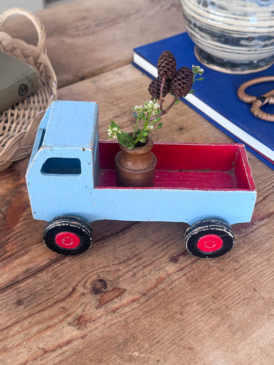Vintage 1950s Handmade Folk Art Wooden Truck, Blue & Red Chippy Paint