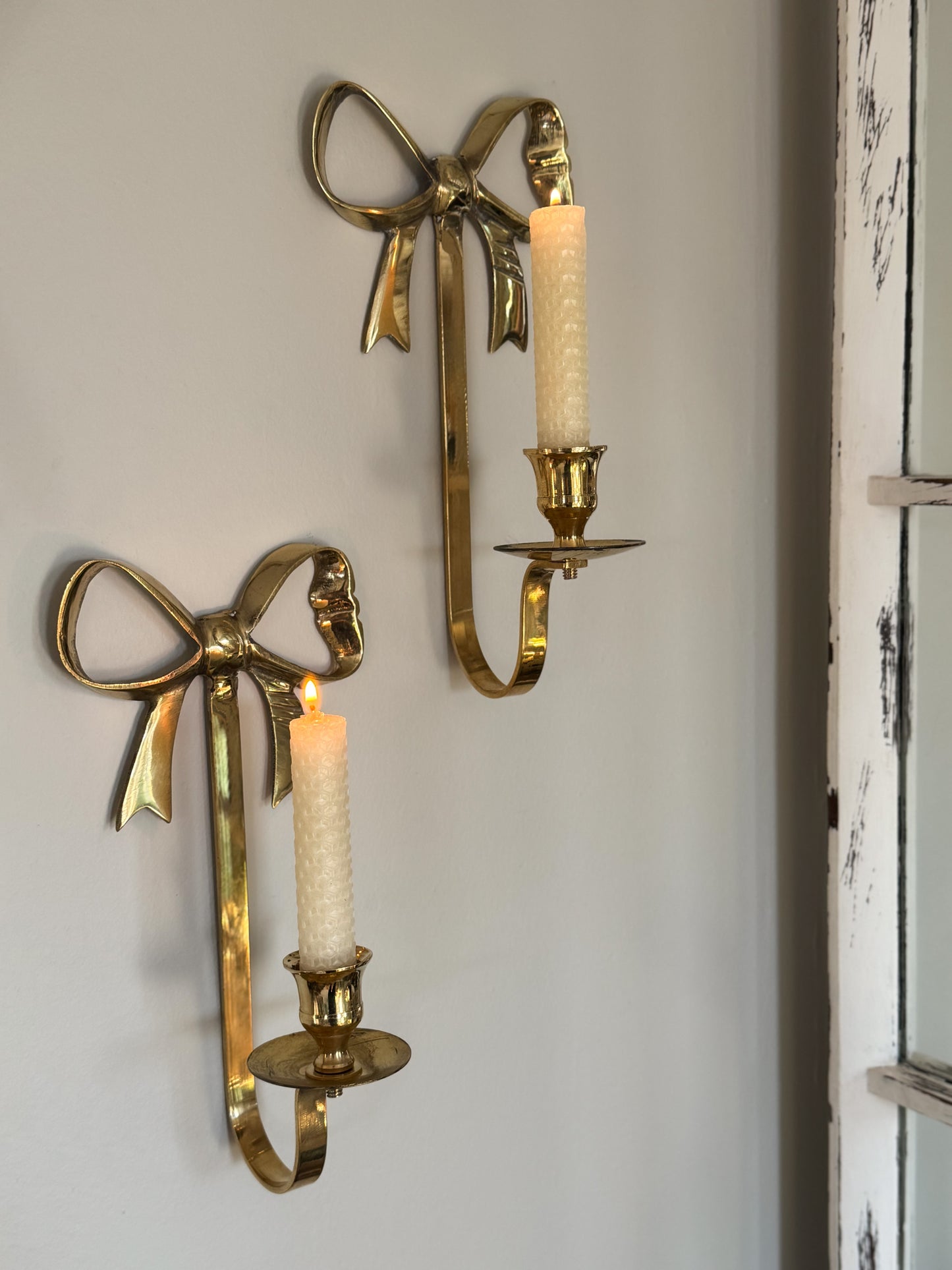 Vintage Pair of Solid Brass Bow Wall Sconces