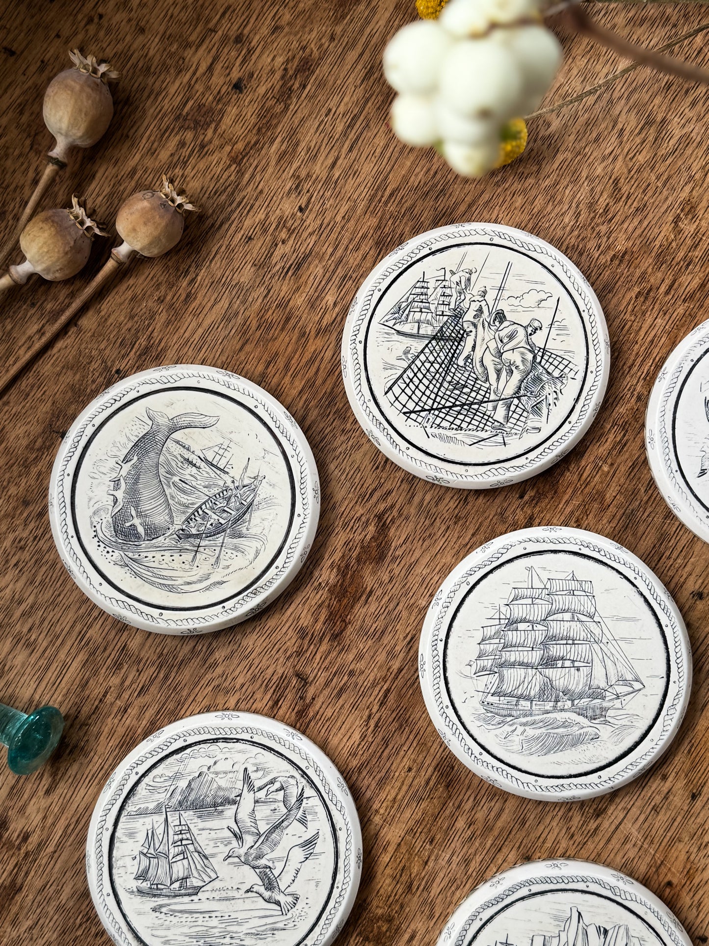 Set of 6 Vintage Etched Ceramic Nautical Coasters