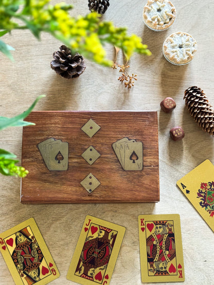 Vintage Wood & Brass Inlay Playing Cards Box with Dice and Cards