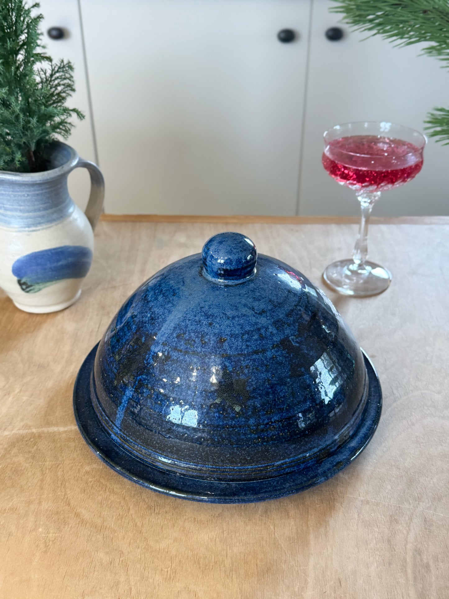 Large Vintage Blue Studio Pottery Cheese Cloche & Plate - Healy Pottery, Ireland