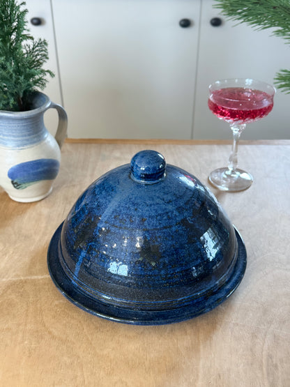 Large Vintage Blue Studio Pottery Cheese Cloche & Plate - Healy Pottery, Ireland