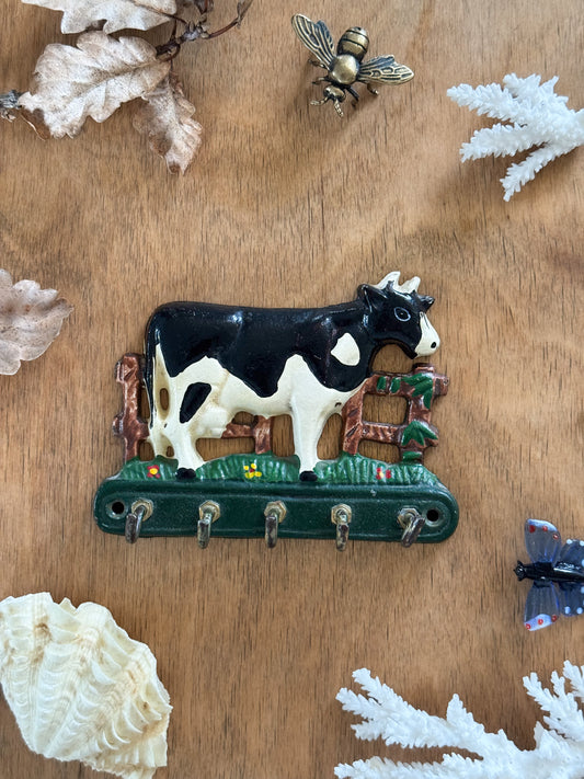 Vintage Hand-Painted Cast Iron & Brass Cow Key Hooks