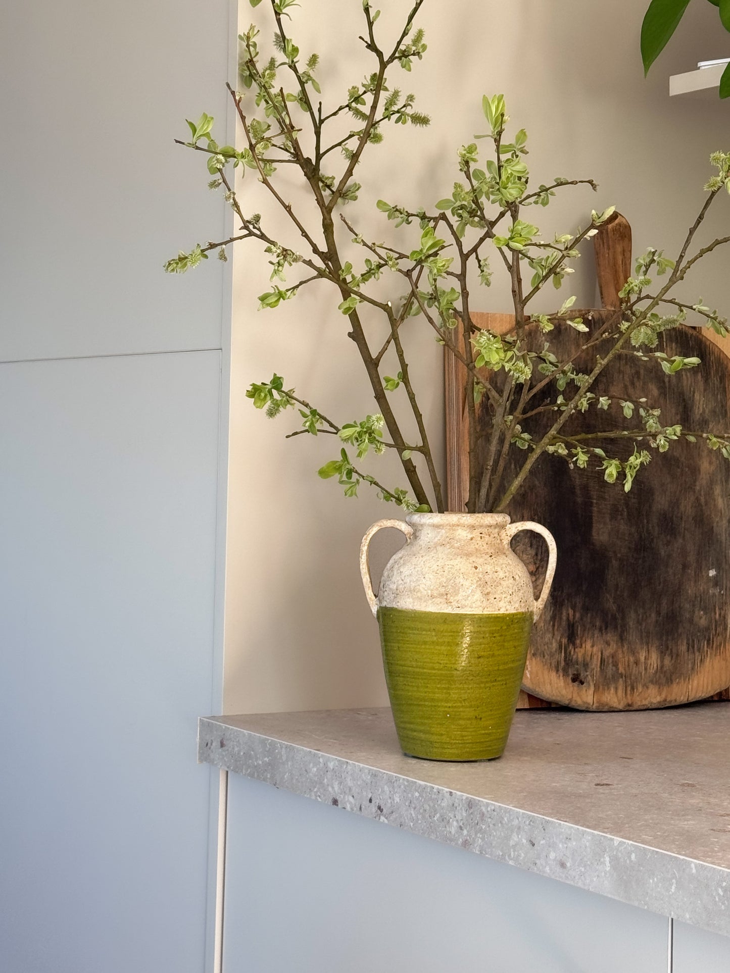 Late 20th Century Studio Pottery Olive Green Handled Vase, Textured Glaze, WLG Seal