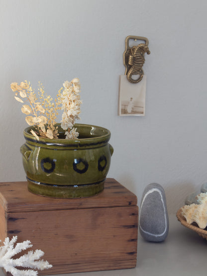 Vintage Studio Pottery Olive Green Abstract Handled Pot