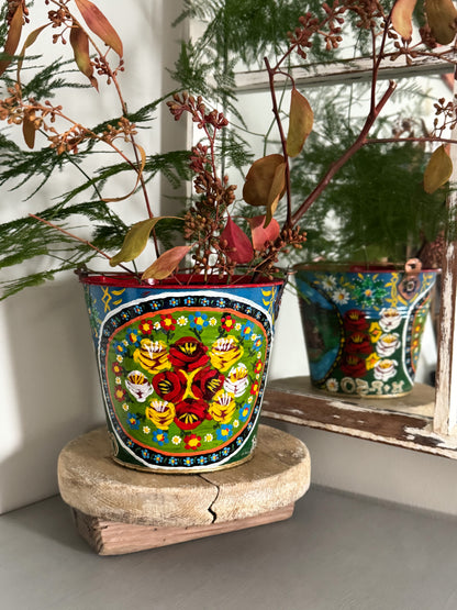 Vintage Hand-Painted Toleware Bucket - Folk Art Treasure