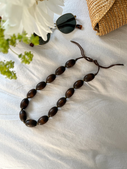 Vintage Wood & Brass Beaded Necklace