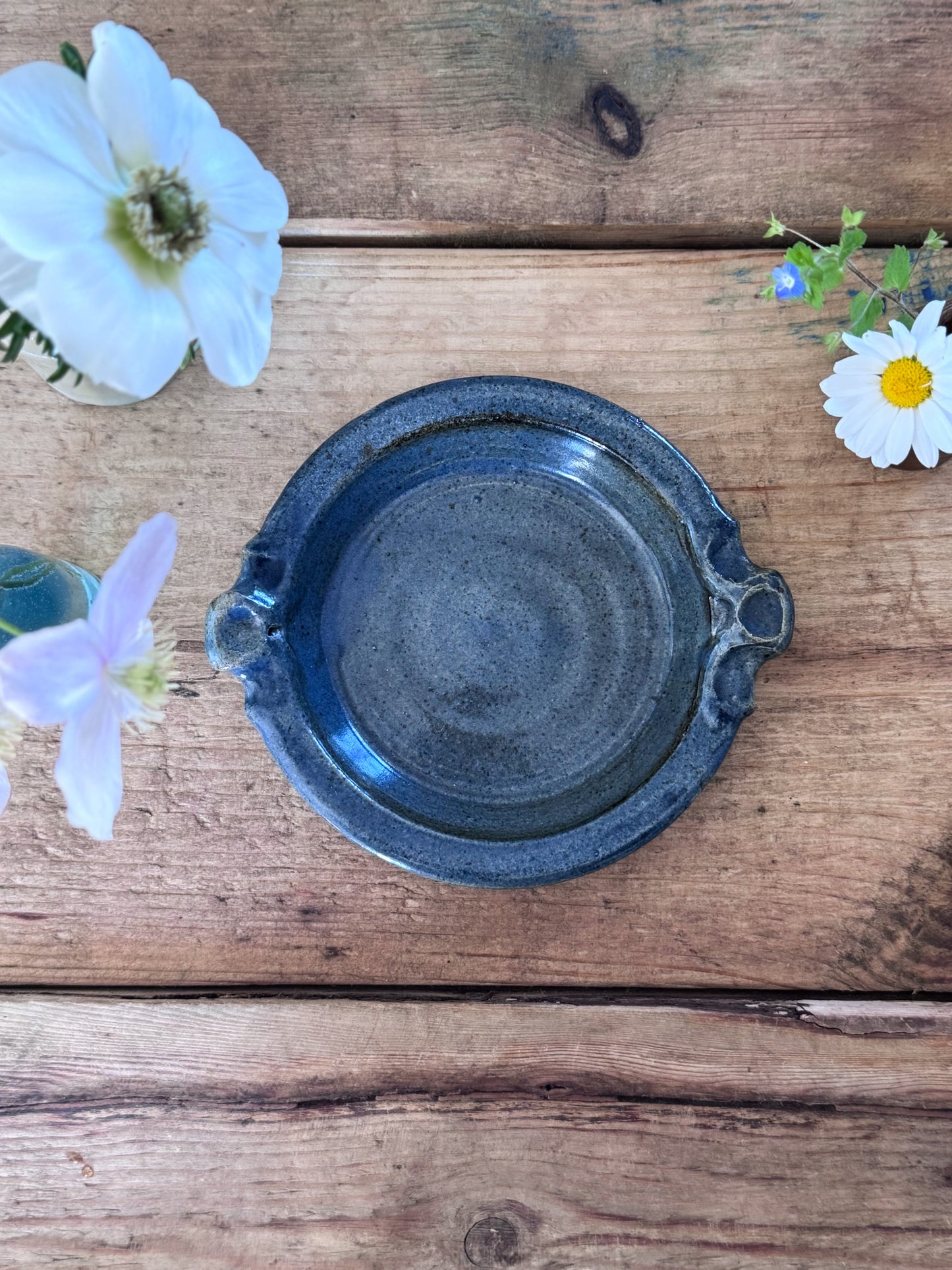 Vintage Speckled Blue Studio Pottery Handled Trinket Dish