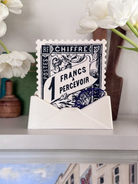 Vintage French Stamp Coaster Set (Set of 6 with Envelope Stand)