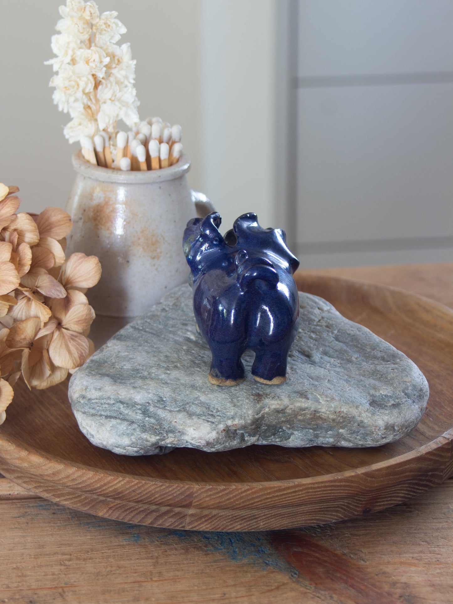 Vintage Studio Pottery Folk Art Pig Figure in Cobalt Blue Glaze