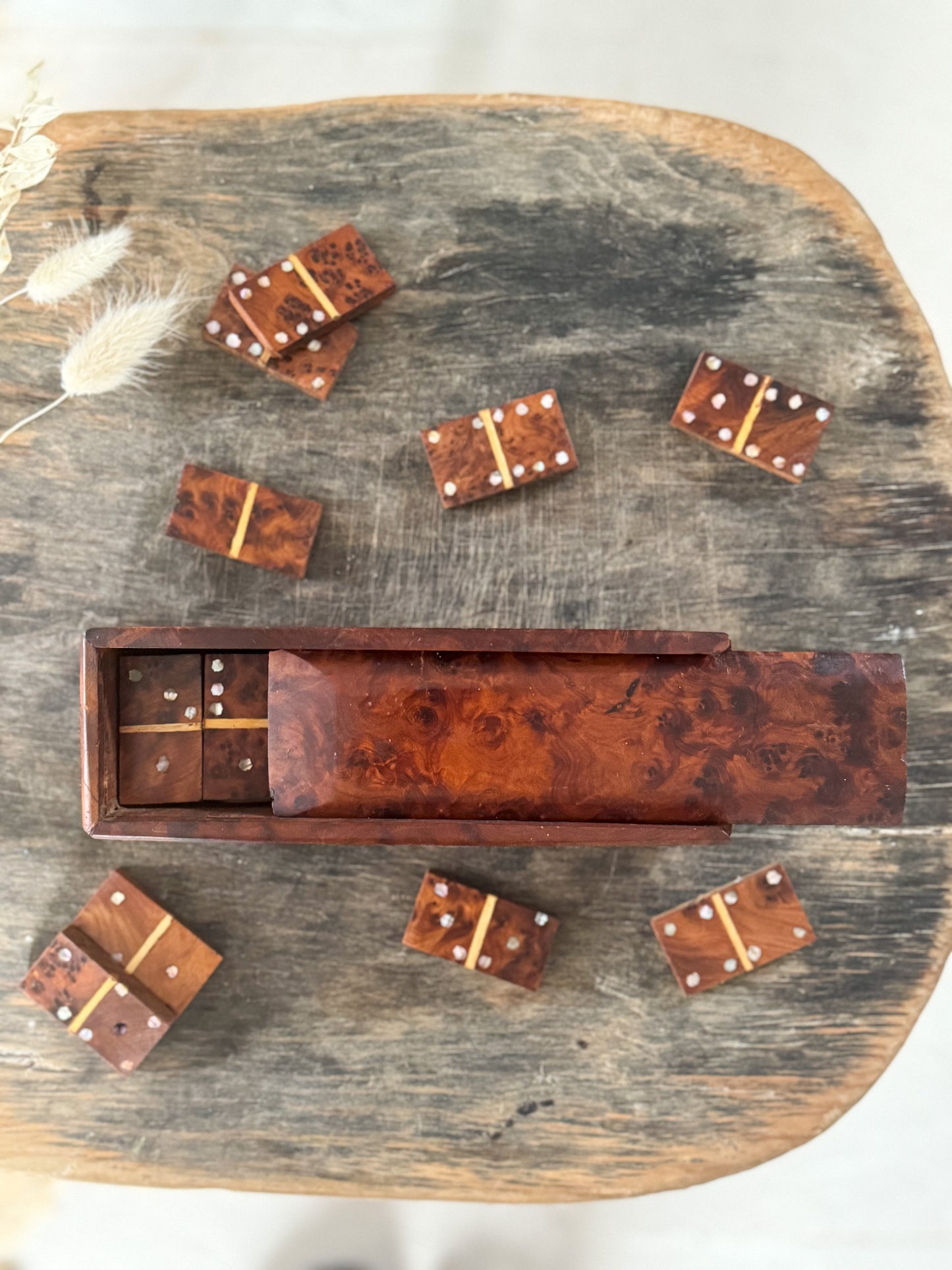 Vintage 1930s Handmade Walnut Wood with Mother of Pearl Inlay Dominoes Set