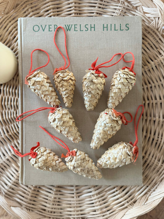 Vintage Midcentury Handmade Straw Pinecone Christmas Tree Decorations • Set of 9