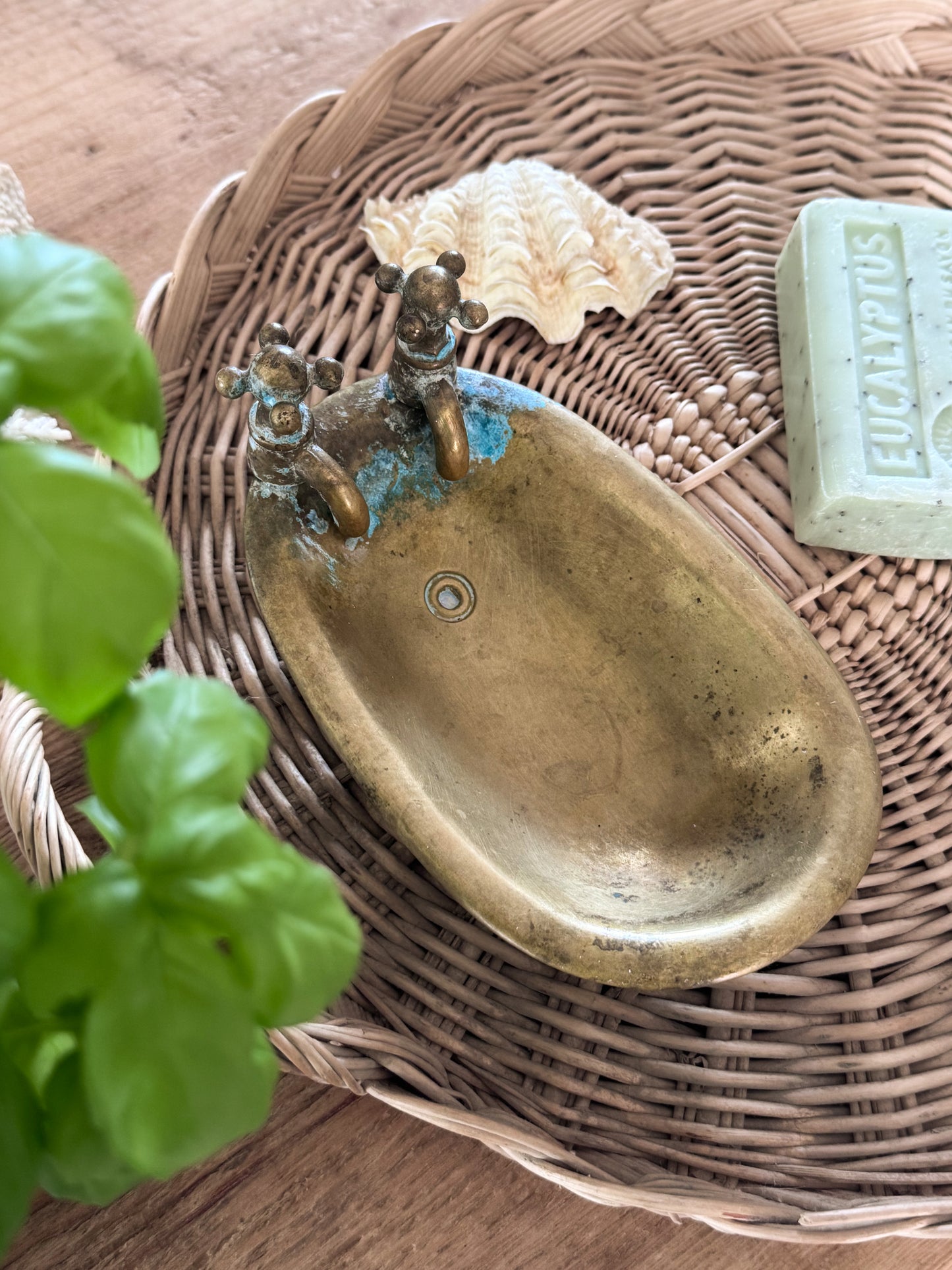 Vintage Solid Brass Bathtub Soap Dish with Verdigris