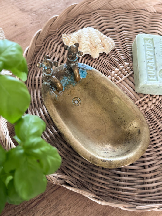 Vintage Solid Brass Bathtub Soap Dish with Verdigris