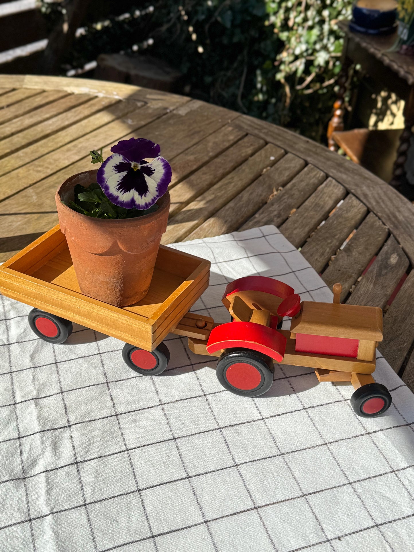 Vintage Handmade Solid Pine Toy Tractor & Trailer