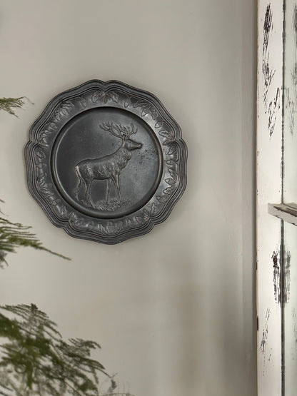 Vintage French Du Manoir Paris Pewter Reindeer Wall Plate