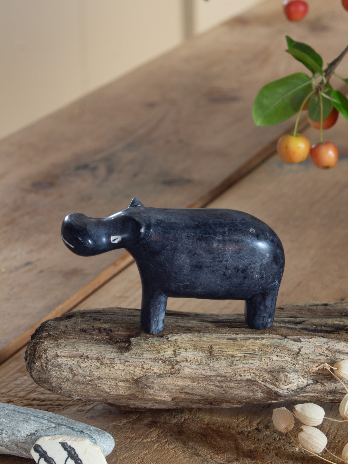 Vintage Midcentury Hand-Carved Black Onyx Hippo Sculpture