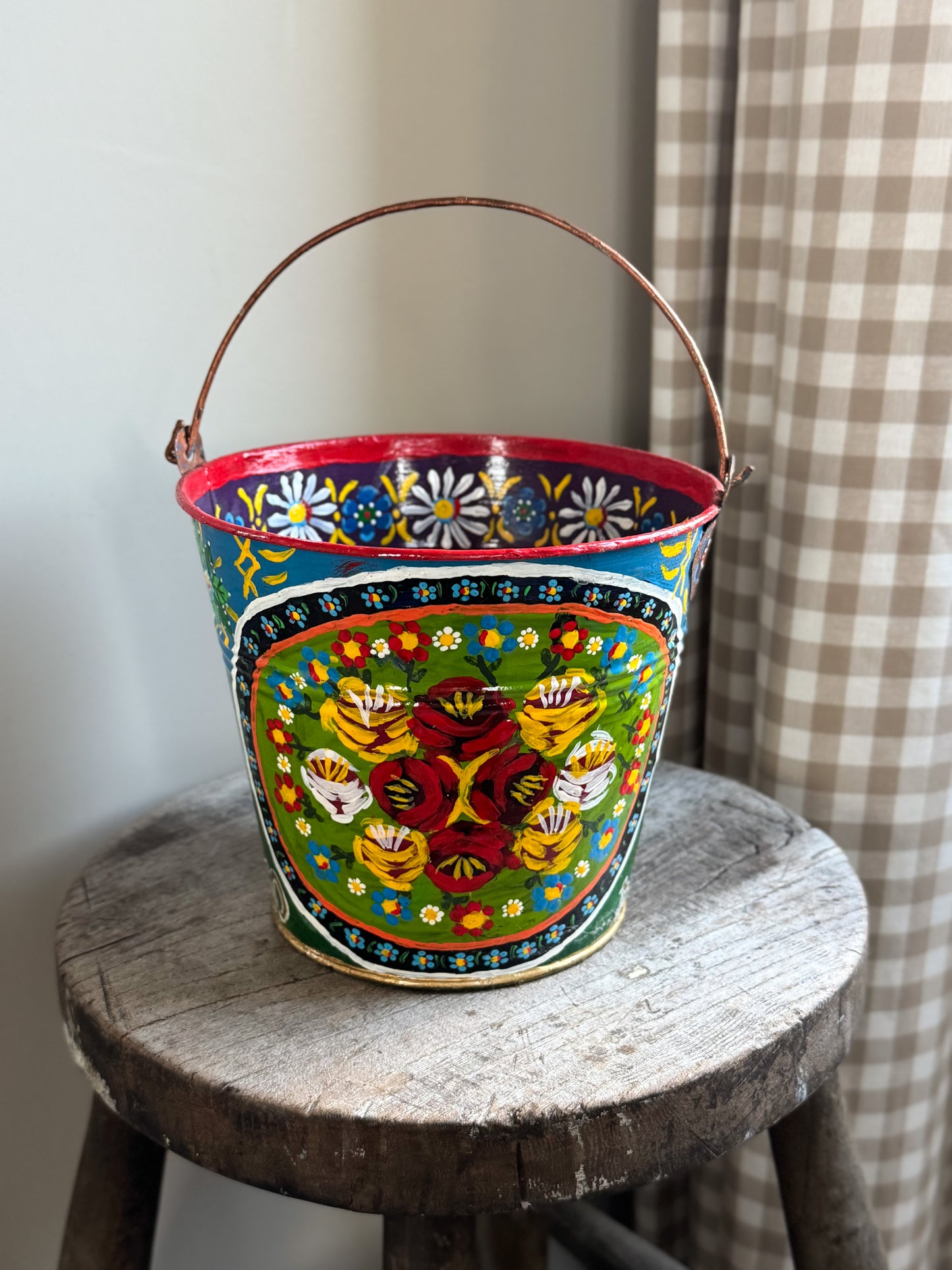 Vintage Hand-Painted Toleware Bucket - Folk Art Treasure