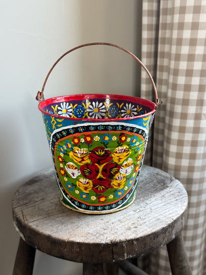 Vintage Hand-Painted Toleware Bucket - Folk Art Treasure