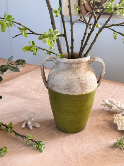 Late 20th Century Studio Pottery Olive Green Handled Vase, Textured Glaze, WLG Seal