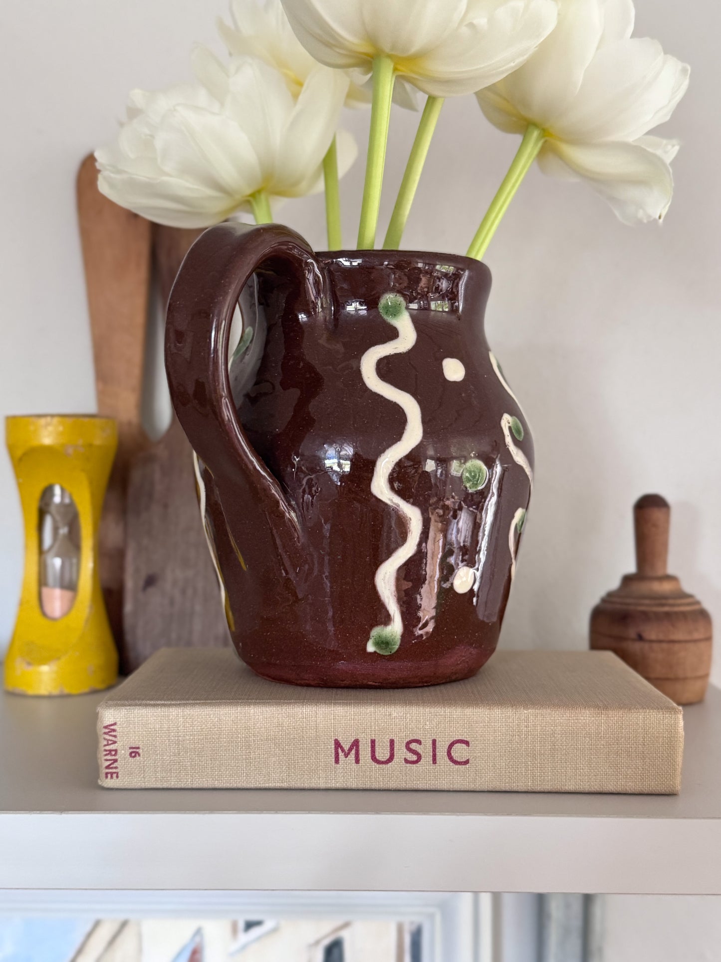 Rare Vintage 1937 Studio Pottery Slipware Oak Leaf Jug, One-Of-a-Kind
