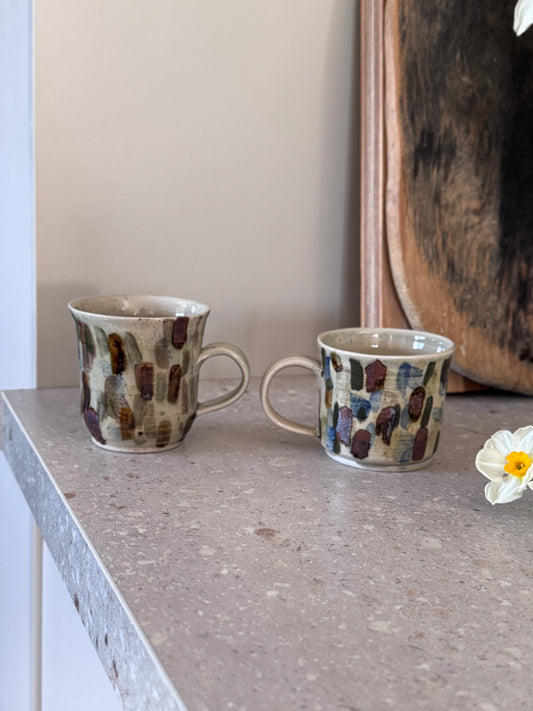 Pair of Vintage Studio Pottery Flat White Mugs with Abstract Brushstroke Glaze