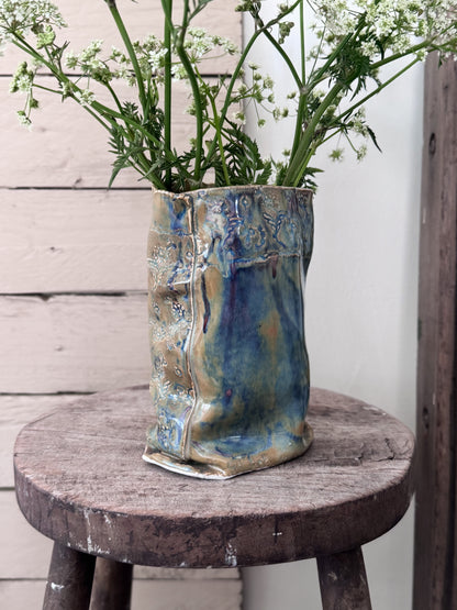 Incredible Studio Pottery Sculptural Vase with Impressed Floral Design, Signed C.Raven