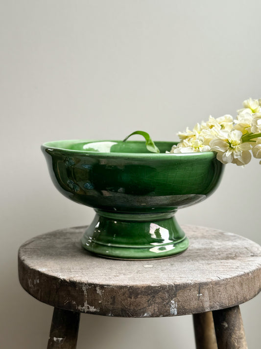 Portuguese Secla Pottery Green Glazed Pedestal Bowl
