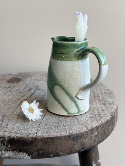 Small Studio Pottery Jug — Olive Green Drip Glaze