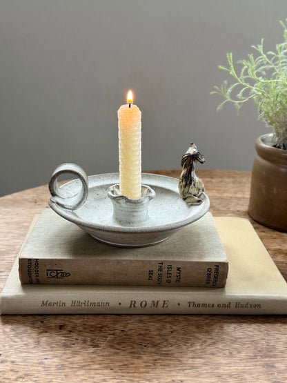 Vintage Studio Pottery Chamberstick with Little Dog