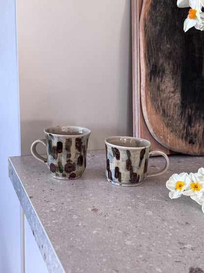 Pair of Vintage Studio Pottery Flat White Mugs with Abstract Brushstroke Glaze