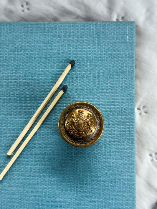 Antique WWI Solid Brass Trench Art Miniature Box with Royal Coat of Arms Button Lid