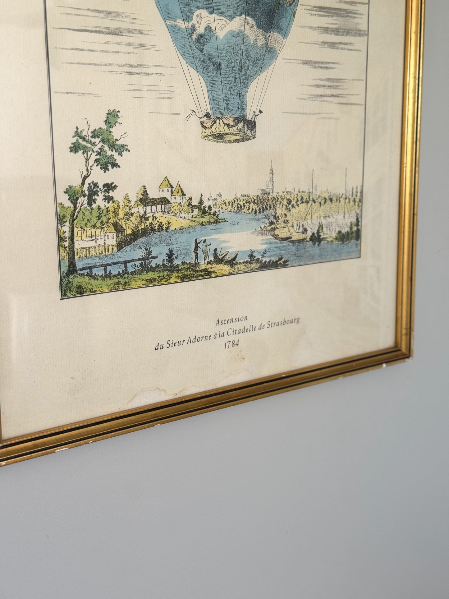 Antique French Framed Hot Air Balloon Etching • Ascension du Sieur Adorne à la Citadelle de Strasbourg, 1784