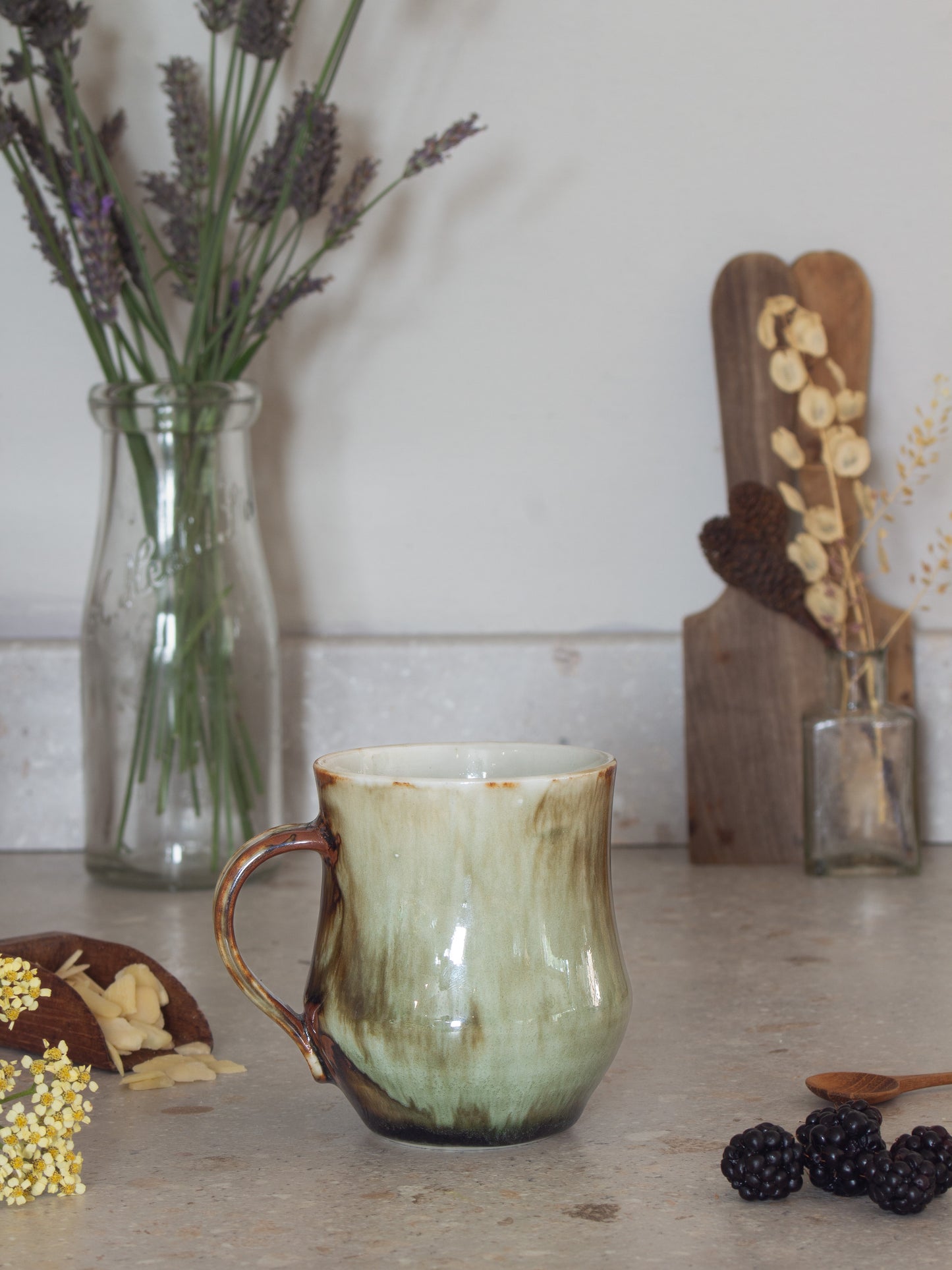 Vintage Studio Pottery Green & Brown Drip Glaze Mug