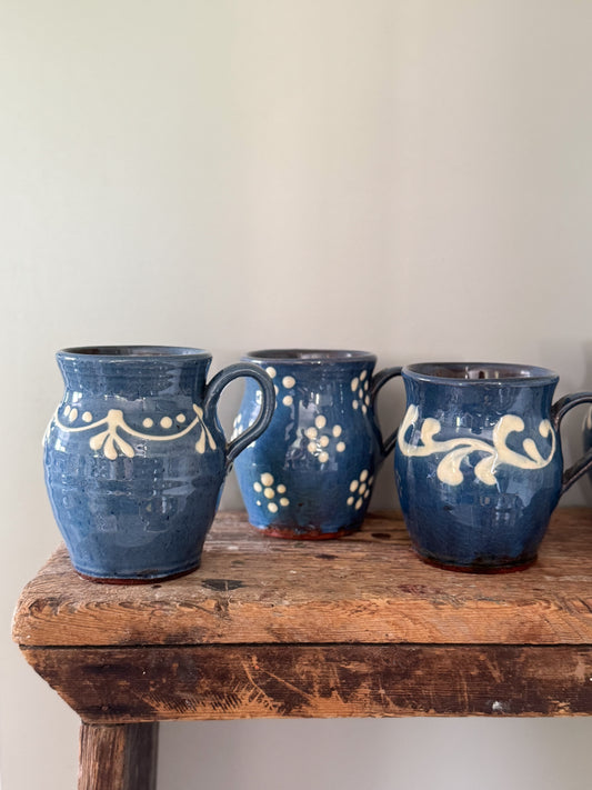 Set of 4 Vintage Studio Pottery Slipware Mugs — Blue & Cream Terracotta