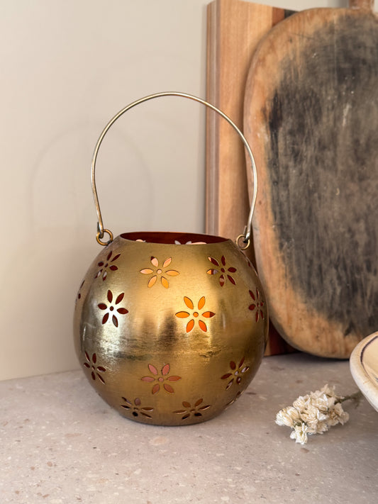 Large Vintage Brass Floral Cut-Out Lantern