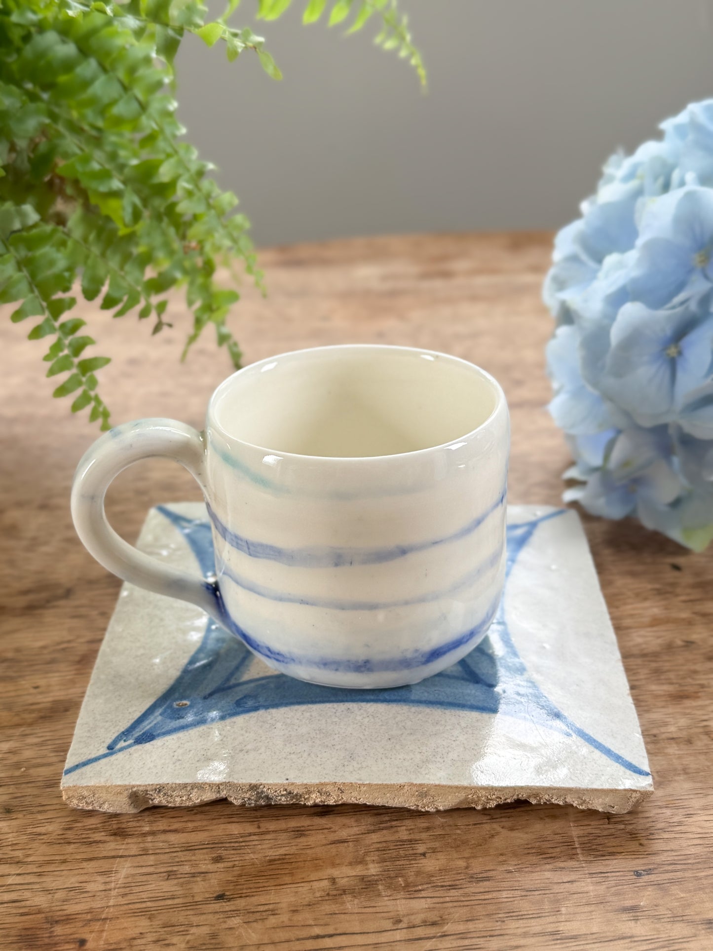 Vintage Studio Pottery Mug with Painterly Blue Waves