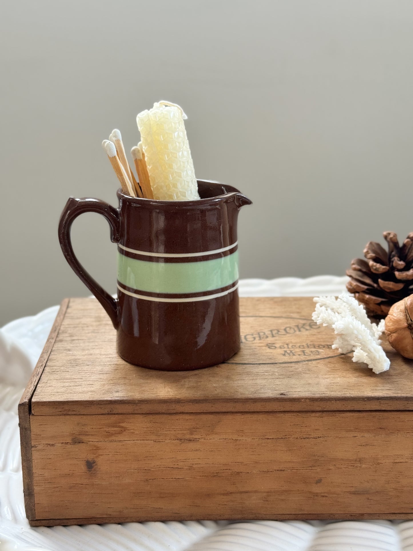 Vintage Brown & Green Banded Slipware Creamer, Made in England