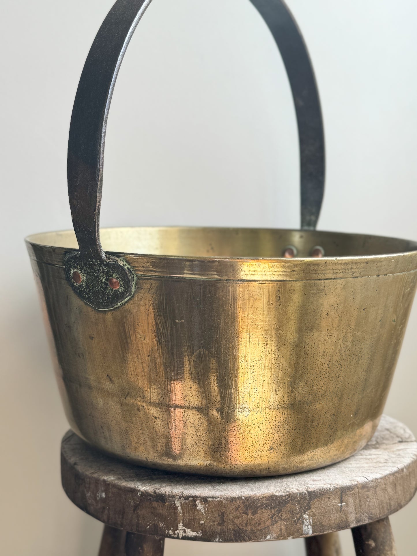 Large Antique Solid Brass & Cast Iron Jam Pan