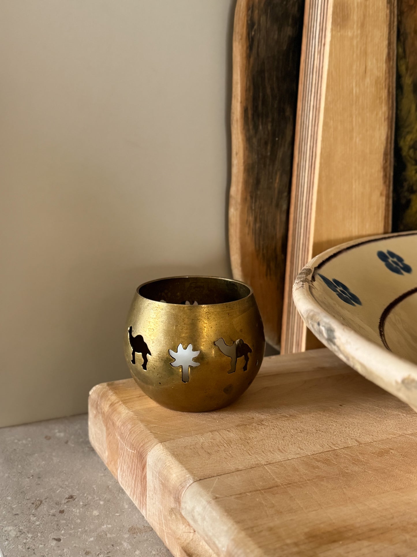 Vintage Brass Camel & Palm Tree Candle Holder