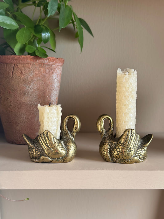Vintage Solid Brass Swan Candle Holders / Match Pots