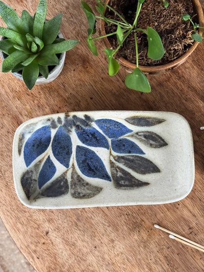 Vintage Studio Pottery Tray with Blue Leaf Design