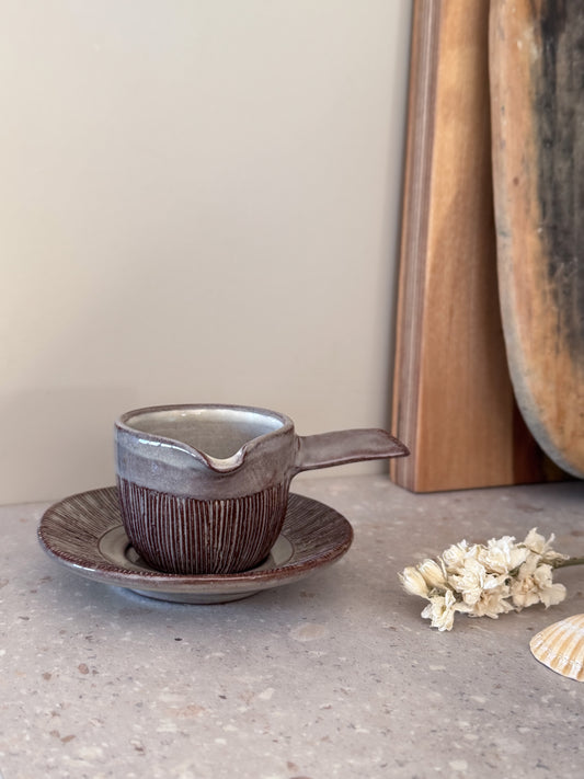 Vintage 1960s/70s Welsh Studio Pottery Sauce Jug & Saucer,
By Creigiau Pottery, Cardiff (Reg & Jean Southcliffe)