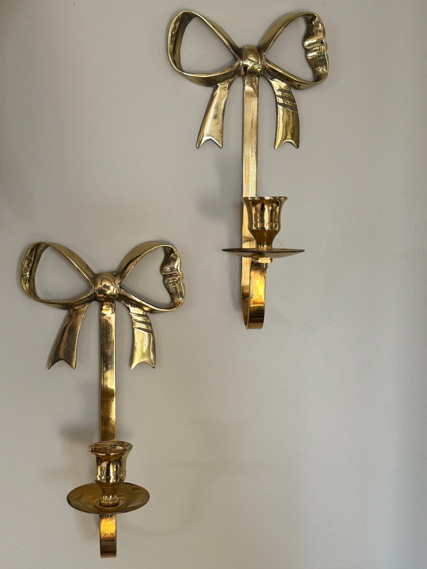 Vintage Pair of Solid Brass Bow Wall Sconces